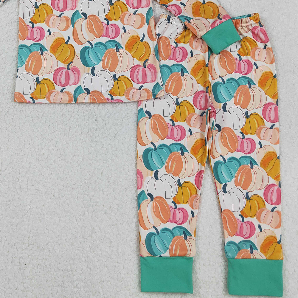 RTS NO MOQ (In stock)GLP2691 Baby Girls Winter Outfits Colorful Pumpkins Long Sleeve Top And Pants Pajamas Set