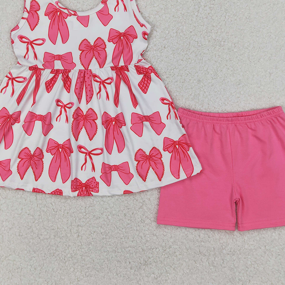 4.28 GSSO2450 RTS NO MOQ Baby Girls Summer Outfits Sleeveless pink bow tunic shorts girls summer clothes
