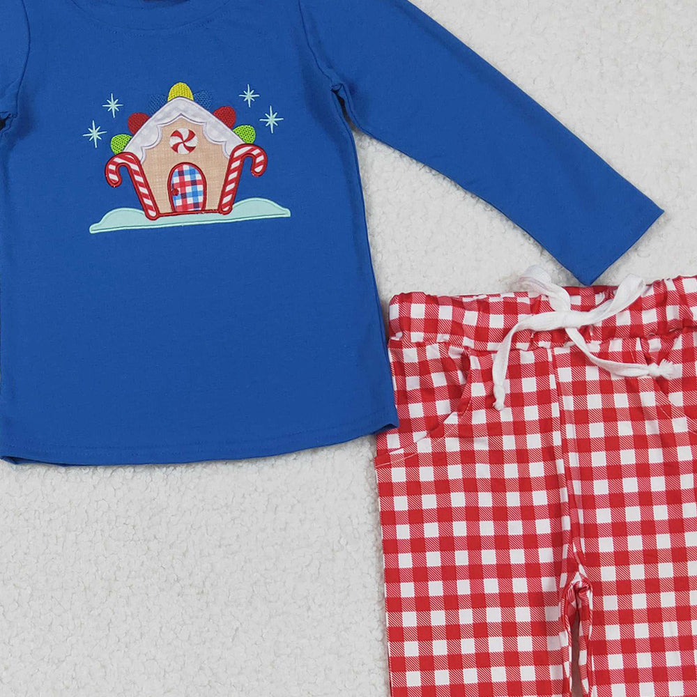 RTS NO MOQ (In stock)BLP1151 Baby Boys Winter Outfits Embroidery Christmas Candy Cane Print Long Sleeve Top with Pockets Red Plaid Pants Two-Piece Outfit Set