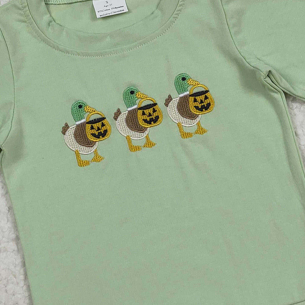 8.22 RTS NO MOQ (In stock)BT1278 Baby Boys Long Sleeve Tops Embroidery Baby Boys Green Long Sleeves Ghost Pumpkins Ducks Tee Shirts Tops