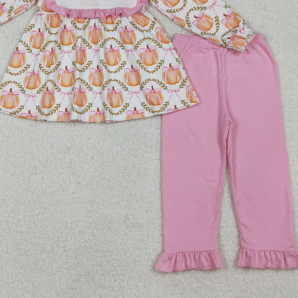 RTS NO MOQ (In stock)GLP2427 Baby Girls Winter Outfits Fall Pumpkins Bows Plaid Tunic Flame Pants Sets