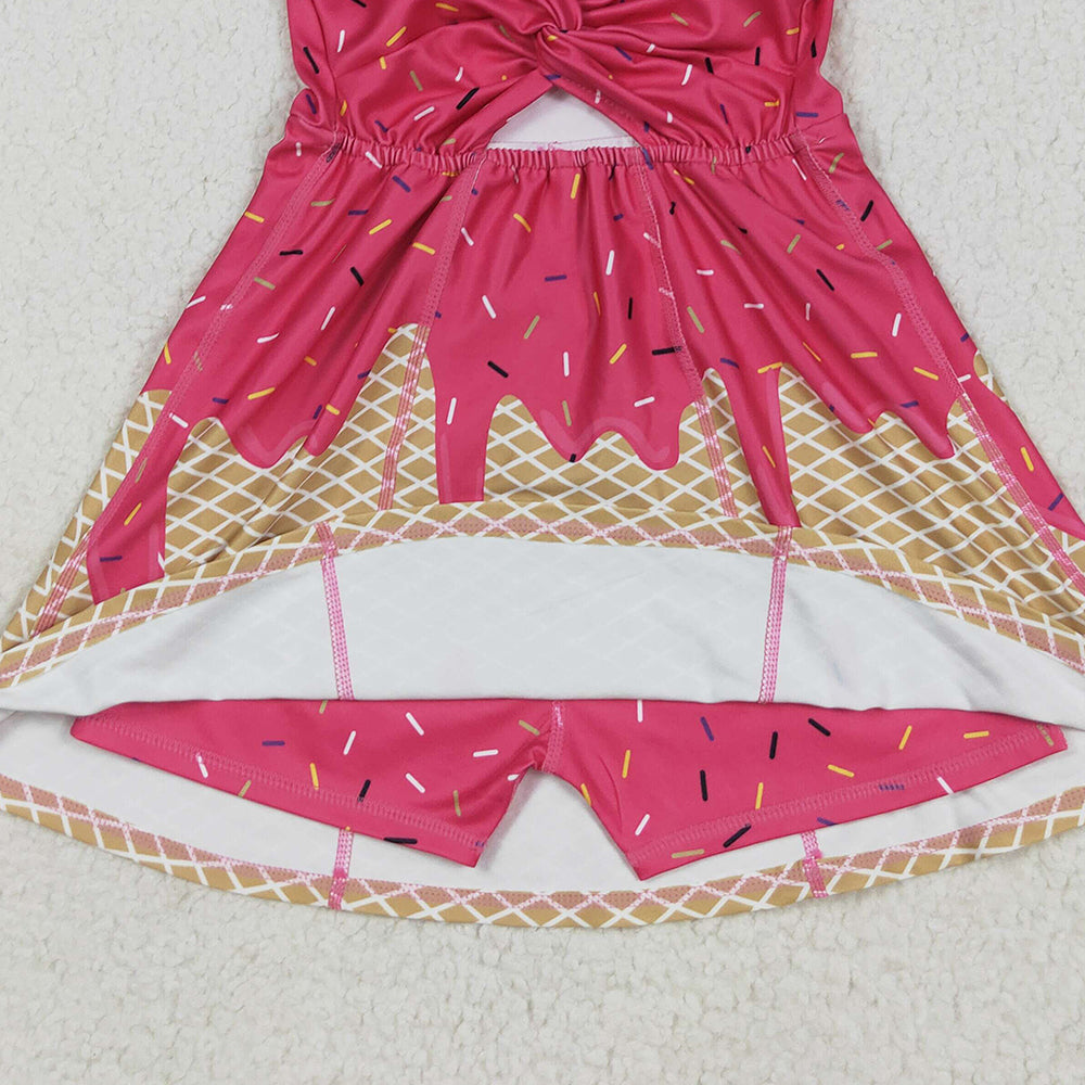 RTS NO MOQ (In stock)GSD2427 Baby Girls Summer Yoga Dress Baby Girls Pink Ice-cream Drip Yoga Skort Knee Length Dresses