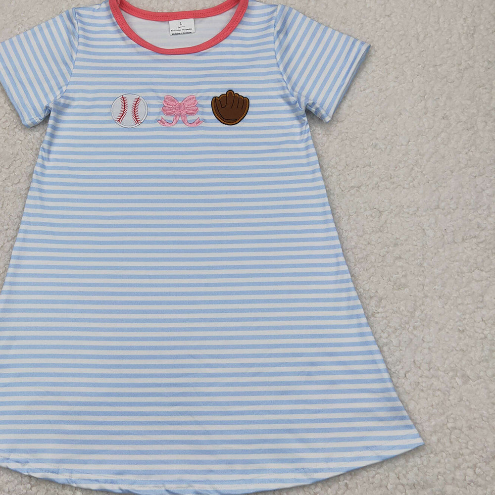 5.20 GSD2220 RTS NO MOQ Baby Girls Summer Dress Embroidery Baby Girls Light Blue Stripe Short Sleeves Bows Baseball Knee Length Dresses