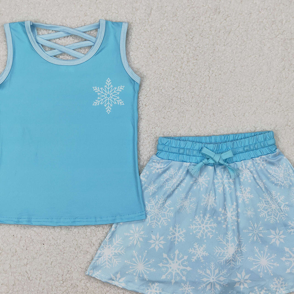 4.07 GSD2074 RTS NO MOQ Baby Girls Summer Outfits Light blue sleeveless snowflake top skirt princess girls clothes