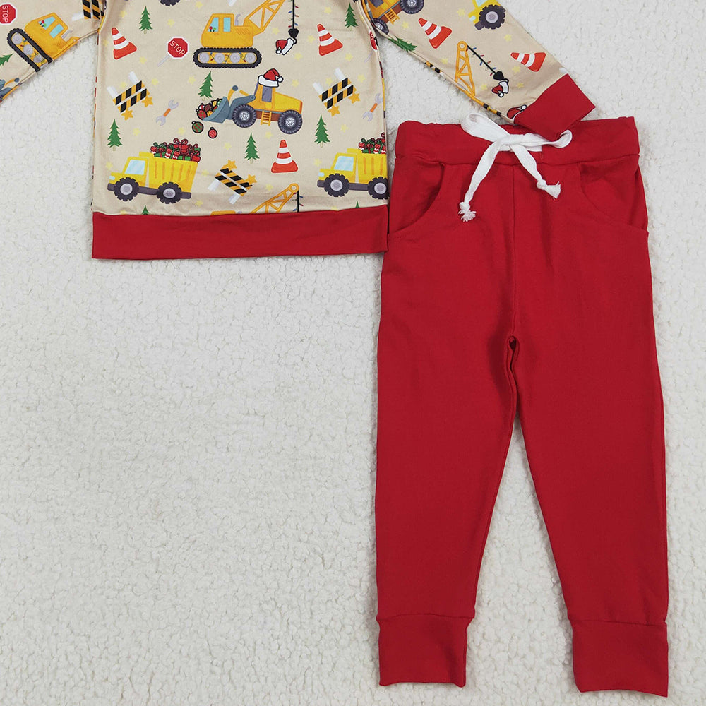 RTS NO MOQ (In stock)BLP1073 Baby Boys Winter Outfits Baby Boys Christmas Excavators Hats Top Pockets Legging Pant Sets