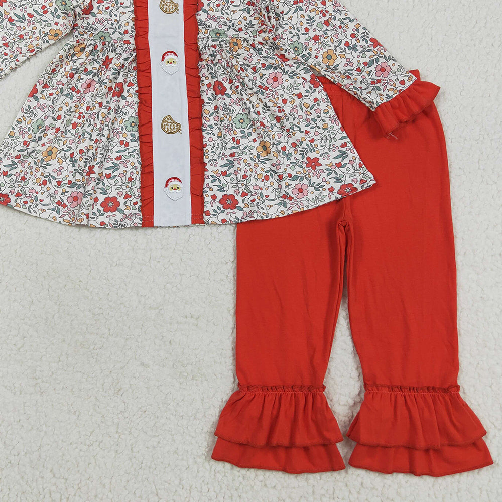 8.23 RTS NO MOQ (In stock)GLP2365 Baby Girls Winter Outfits Embroidery Santa Cookie Baby Girls Red Floral Tunic Ruffle Pants ChristmasSet