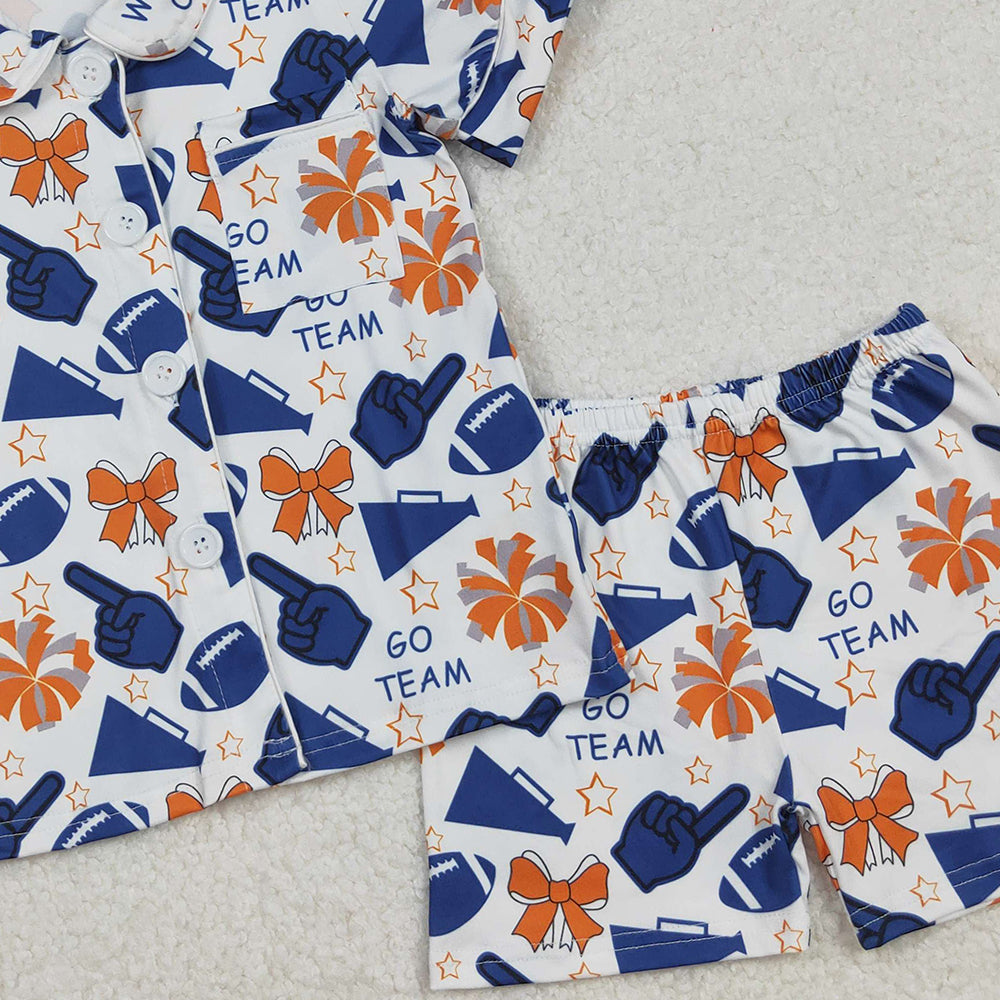 RTS NO MOQ (In stock)GSSO2675 Baby Girls Summer Pajamas Outfits Navy Cheer Team Football Button Top Short Pajamas Set Casual Comfortable Sleepwear