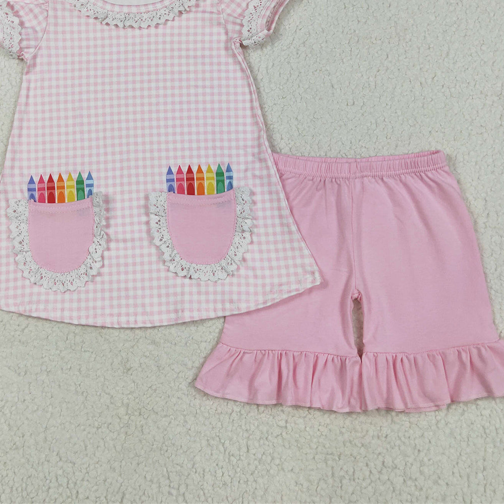 GSSO2388RTS NO MOQ Baby Girls Summer Outfits Girls Pink Plaid Crayon Top Short Set Back to School Outfit Ages 4-12 Years Old Children's Clothing Set