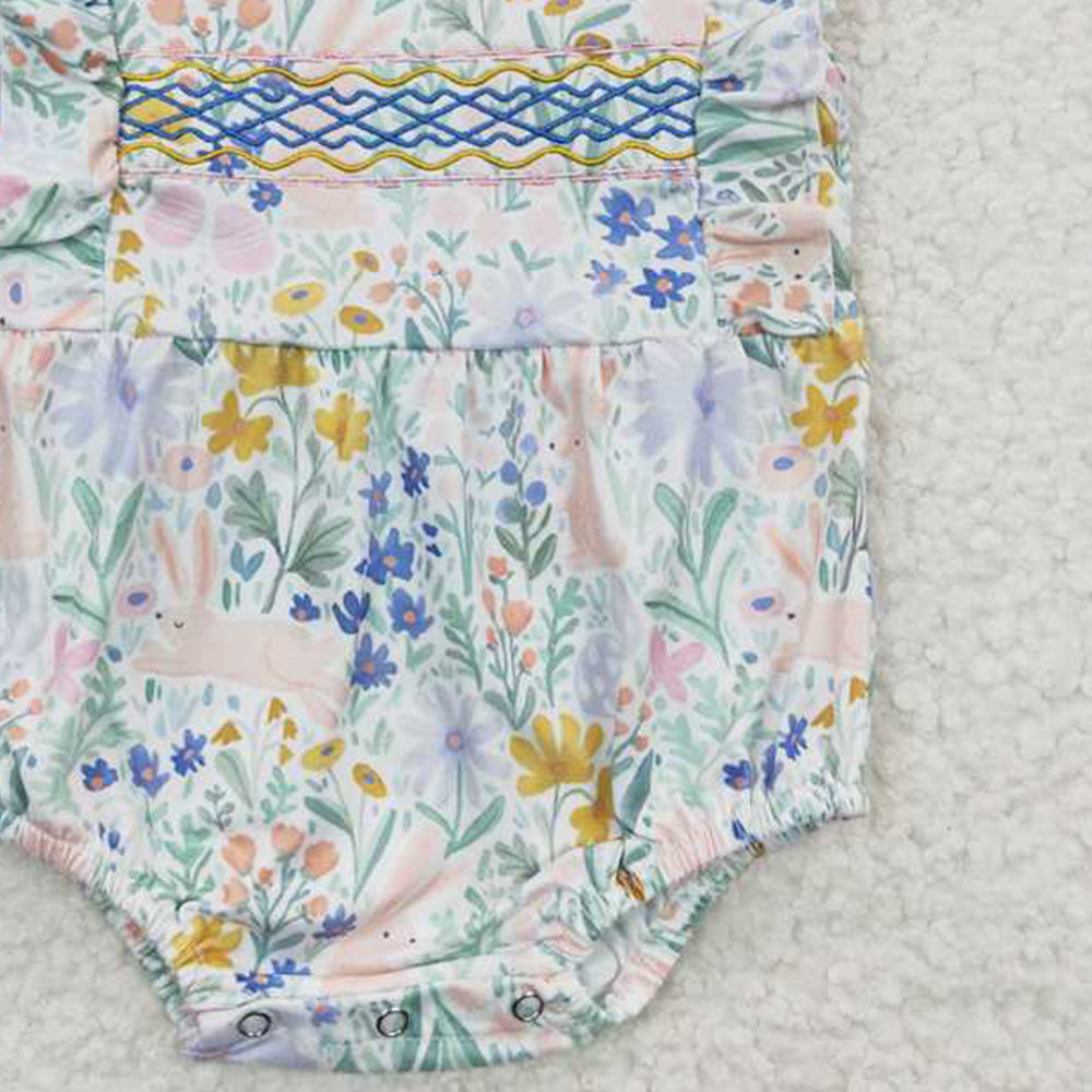 5.19 SR0262 RTS NO MOQ Rabbit floral embroidery baby girls easter romper