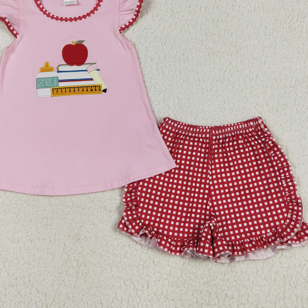 USA Shop (in stock)GSSO2069 RTS NO MOQ Baby Girls Summer Outfits Baby Girls Pink Sleeveless Apple Pencil Top Plaid Ruffle Shorts Set