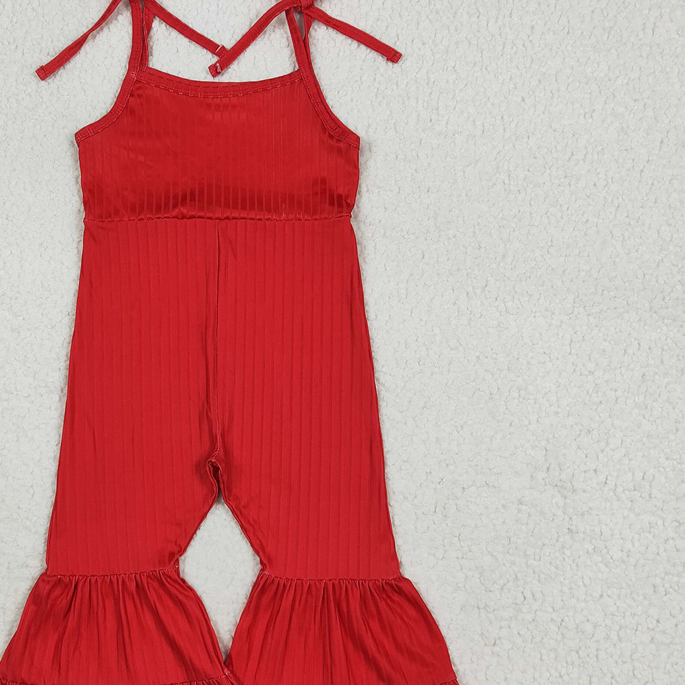 RTS NO MOQ (In stock)SR3163 Baby Girls Summer Jumpsuits Baby Girls Red Strap Bell Bottom Ribbed Jumpsuits
