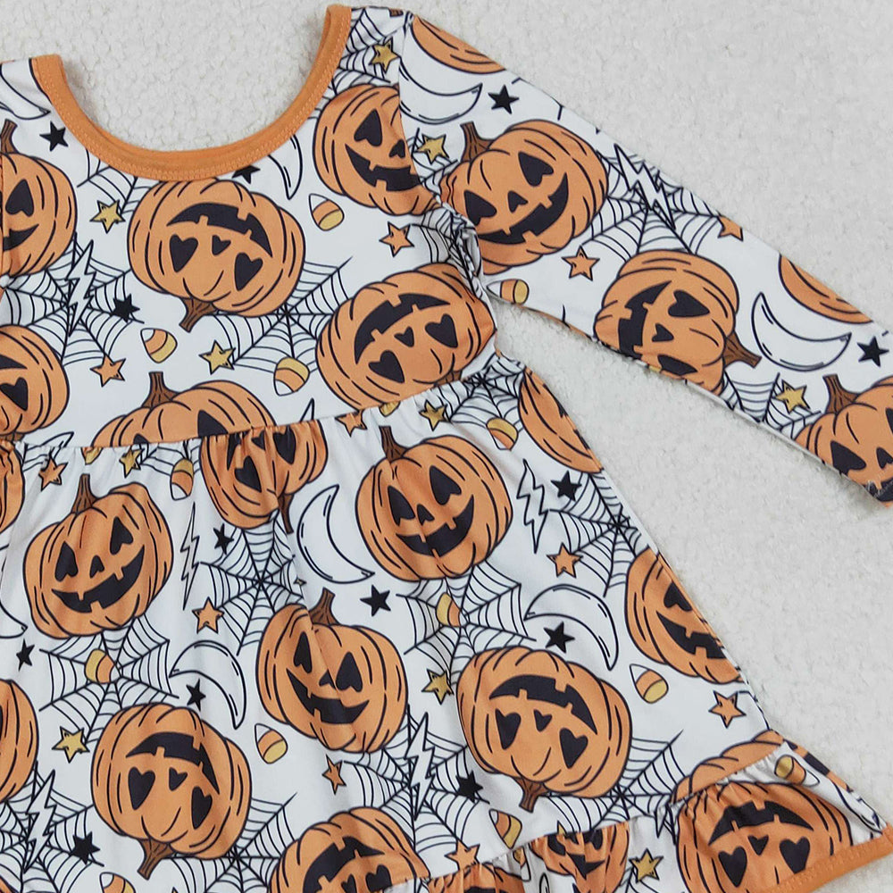 RTS NO MOQ (In stock)GLD1258 Baby Girls Winter Dress Halloween Ghost And Pumpkins Ruffle Knee-Length Dresses