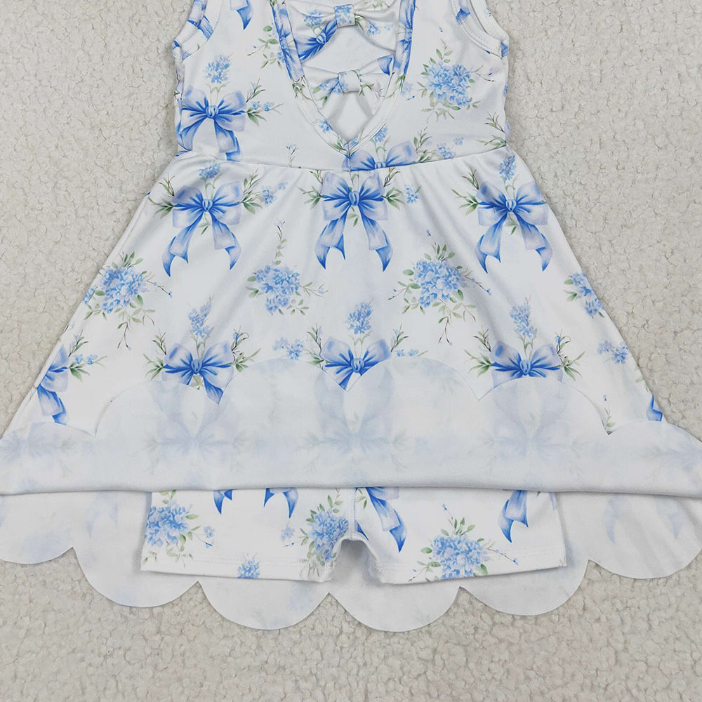 7.10 GSD2587RTS NO MOQ Baby Girls Summer Yoga Dress Baby Girls Blue Bows Floral Activity Wear Yoga Short Skort Knee Length Dresses