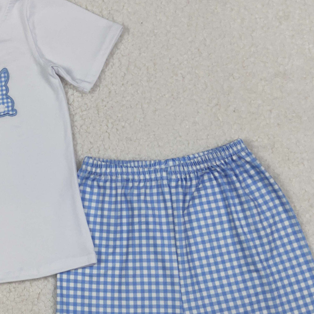 10.27 RTS NO MOQ (In stock)BSSO1123 Baby Boys Summer Outfits Embroidery Rabbits Baby Boys Checkered Shorts Easter Clothes Sets