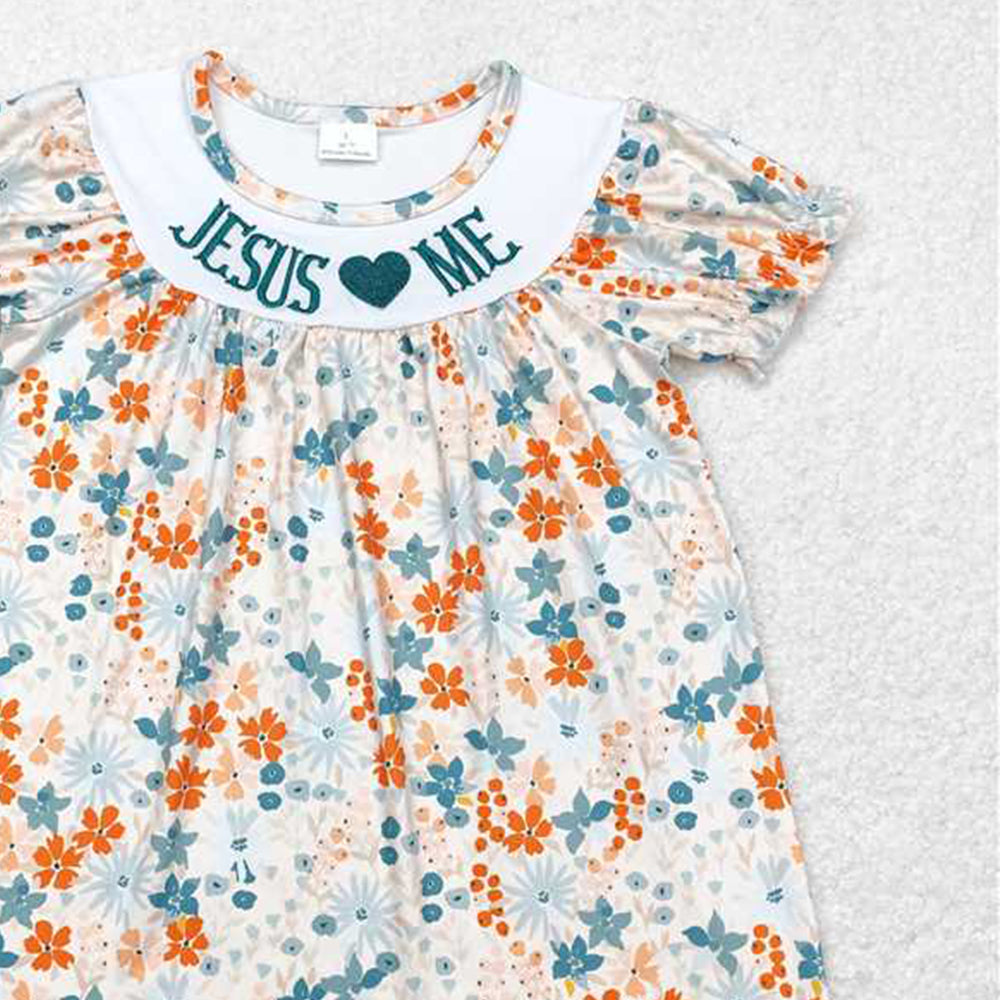 4.08 GSD1387 RTS NO MOQ Baby Girls Summer Dress Jesus Love Me Floral Short Sleeve Dress