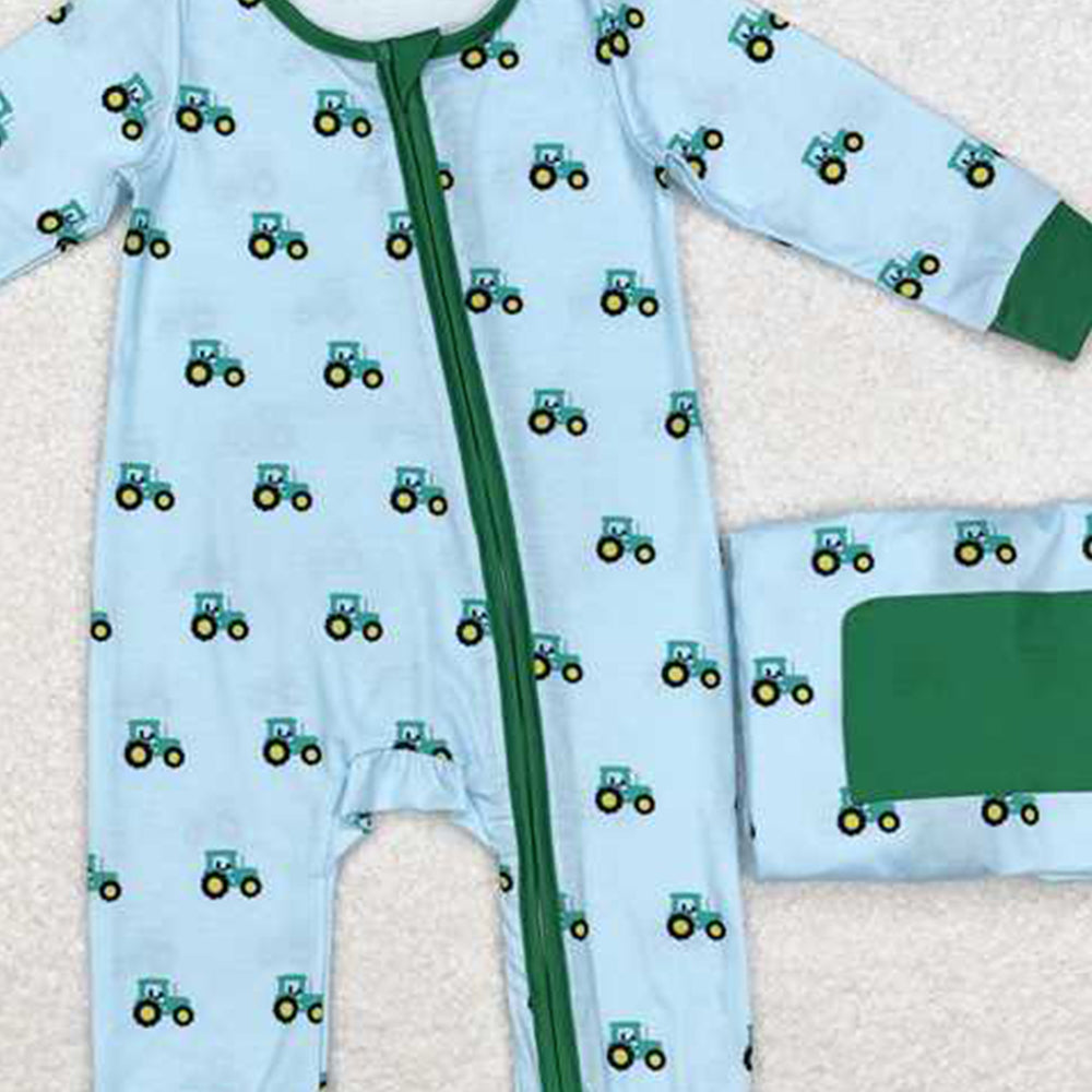 USA Shop (in stock)LR1253 RTS NO MOQ Baby Boy Winter Rompers Long sleeves green tractor boy bamboo zipper farm romper