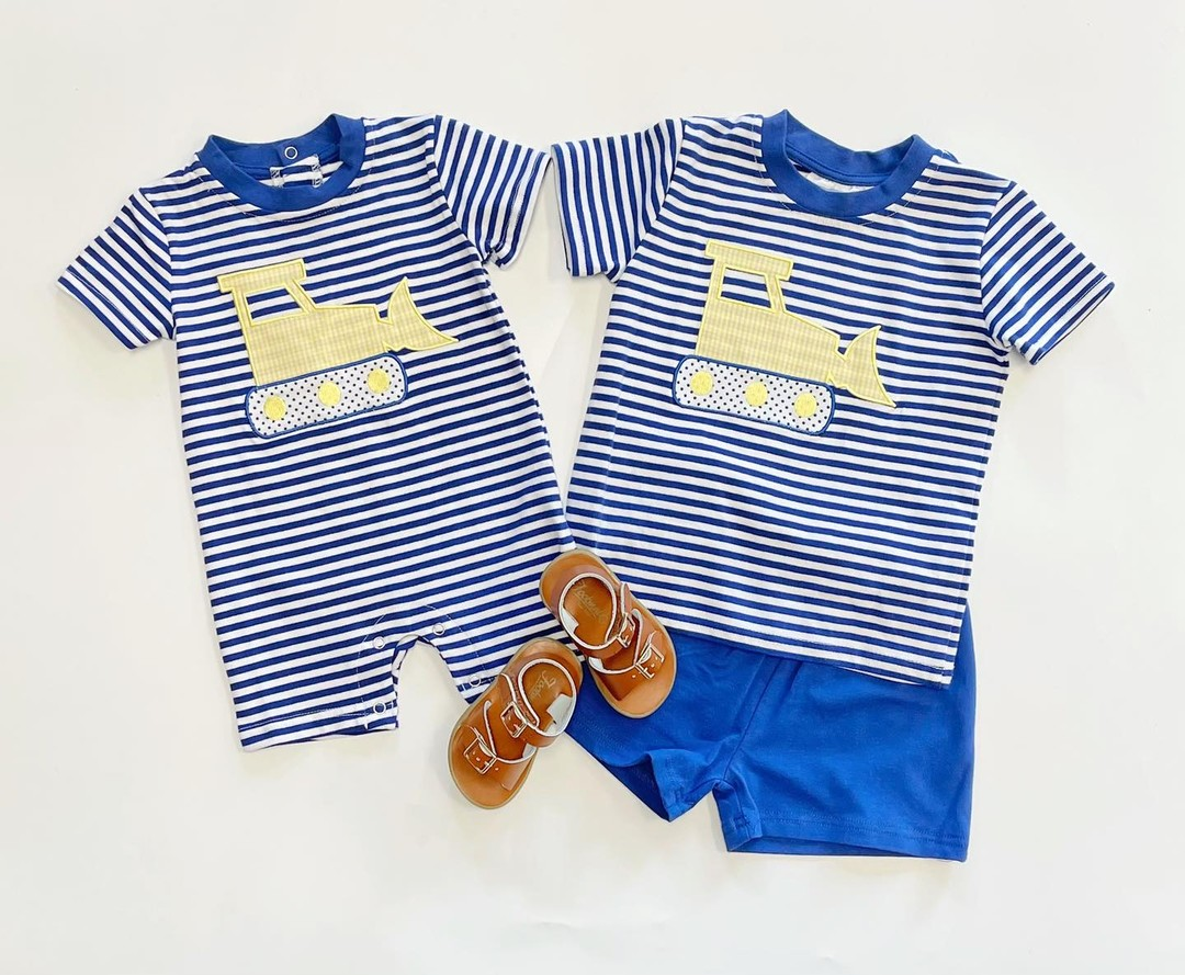 Baby Infant Boys Construction Stripes Rompers and short sleeve sets preorder