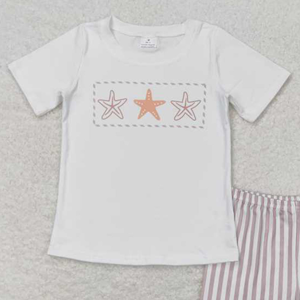 5.19 BSSO0826 RTS NO MOQ White starfish top stripe shorts boys summer outfits