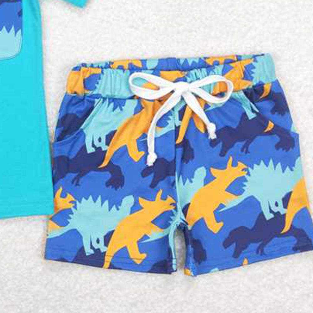 4.26 BSSO0444 RTS NO MOQ Short sleeves pocket top dinosaur shorts boys outfits