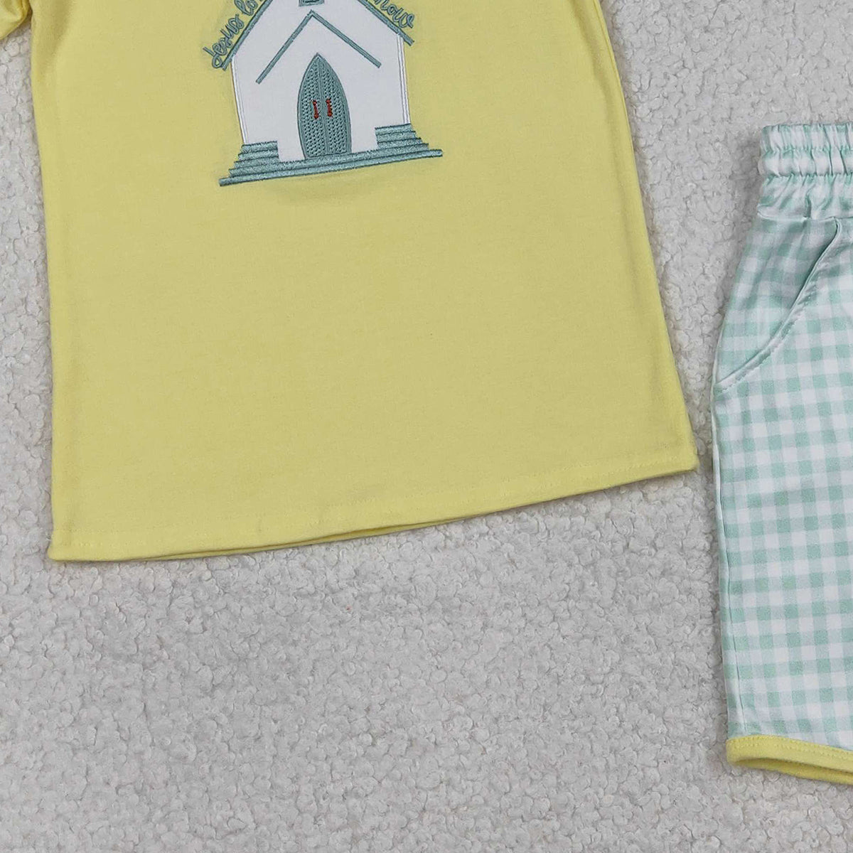 1.6 RTS NO MOQ (In stock)BSSO1740 Embroidery Church Crosses Baby Boys Checked Pockets Shorts Easter Clothes Sets