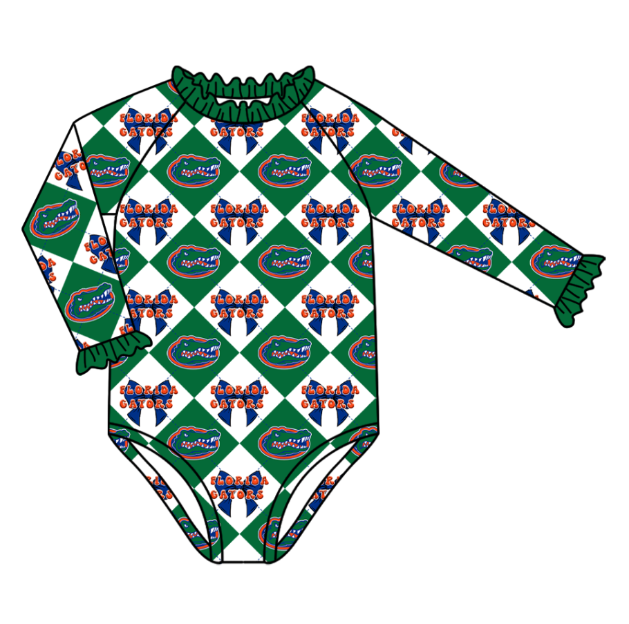 CUSTOM MOQ 5 Baby Girl Clothes Green Bow Plaid Team Long Sleeve Swimsuit