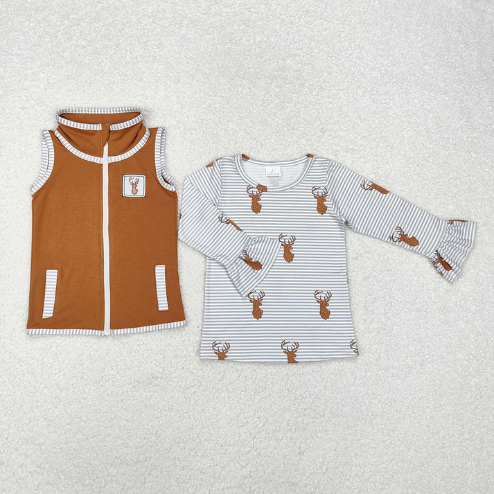 Baby Boys and Girls Brown Elk Embroidered Sleeveless Zipper Vest + Grey Striped Long Sleeve Top Two-Piece Set
