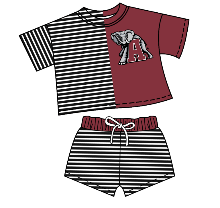 CUSTOM MOQ 5 Baby Kids Red Elephant Top Stripe Shorts Clothes Sets