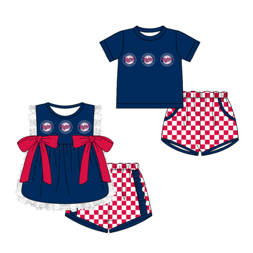 CUSTOM MOQ 5 Cute Comfortable Clothing For Kids Sibling Boys Baby Girls Summer Blue Bow Top Red Checked Shorts Team Clothes Sets