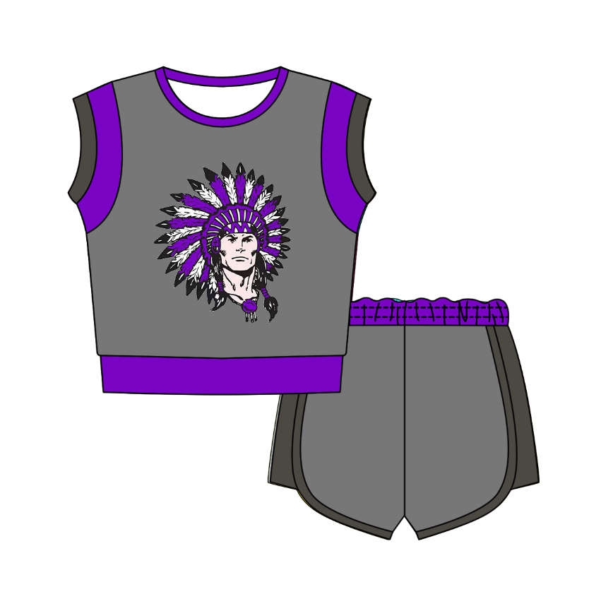 CUSTOM MOQ 5 Cute Comfortable Clothing For Kids Baby Kids Summer Grey Purple Sleeveless Patchwork Top Shorts Clothes Sets