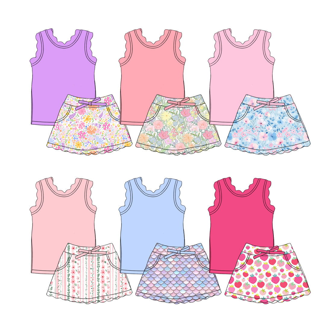 CUSTOM MOQ 5 Sibling Baby Girls Summer 6 Colors Sleeveless Ruffles Skirt Yoga Activewear Clothes Sets