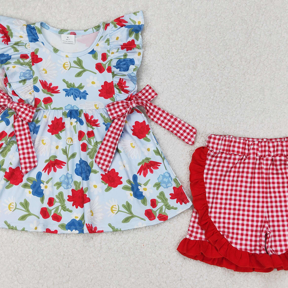 4.25 GSSO1930 RTS NO MOQ Red blue floral tunic plaid shorts girls 4th of july outfits