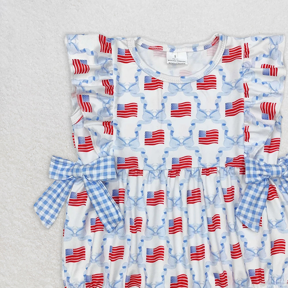 SR2353 RTS NO MOQ Baby Girls Summer Rompers girls plaid light blue bow flag 4th of july romper