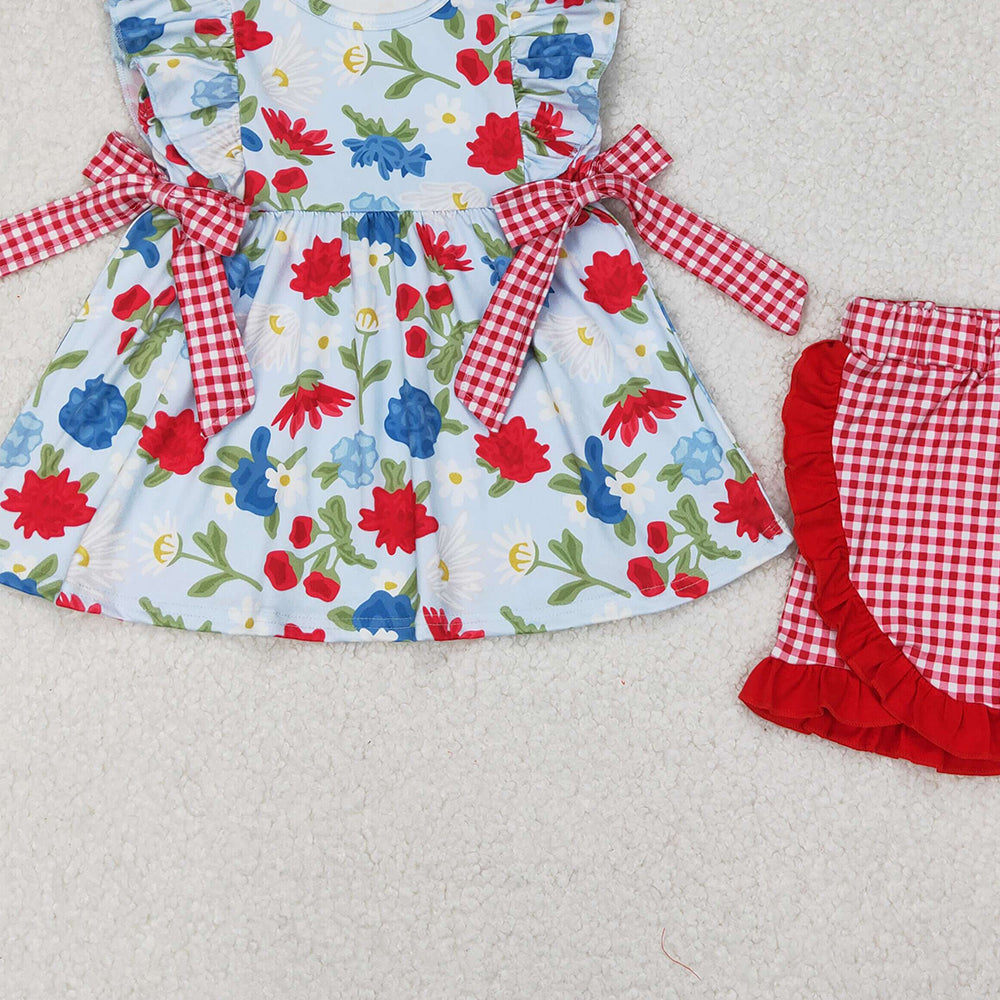 4.25 GSSO1930 RTS NO MOQ Red blue floral tunic plaid shorts girls 4th of july outfits