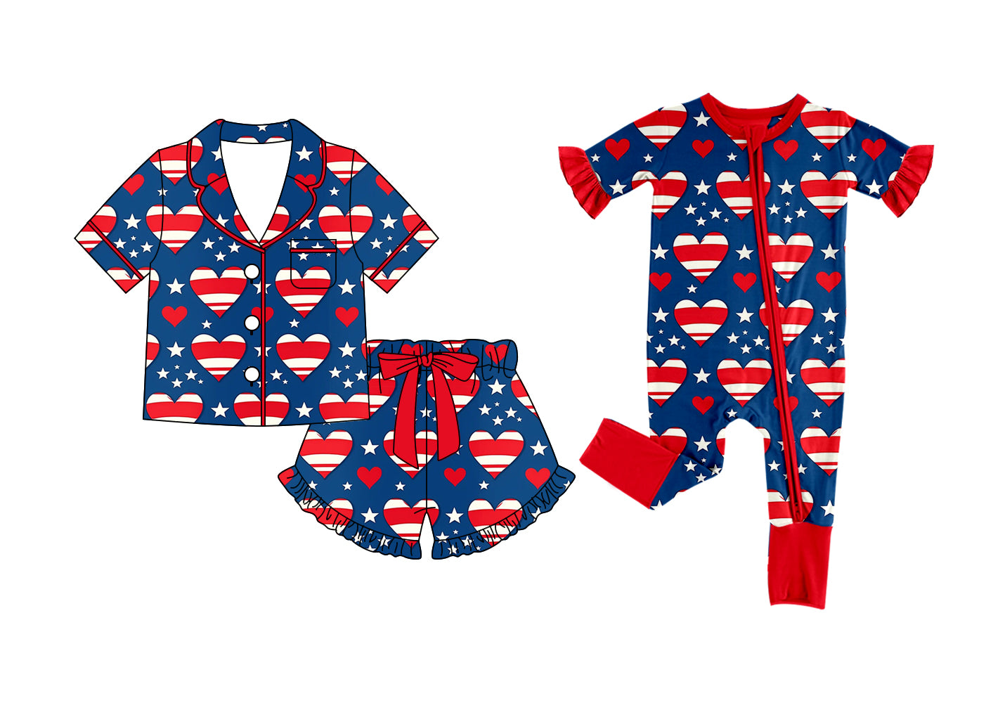 CUSTOM MOQ 5 Sibling Baby Girls Red Heart Tunic Ruffle Shorts Rompers Pajamas Clothes Set