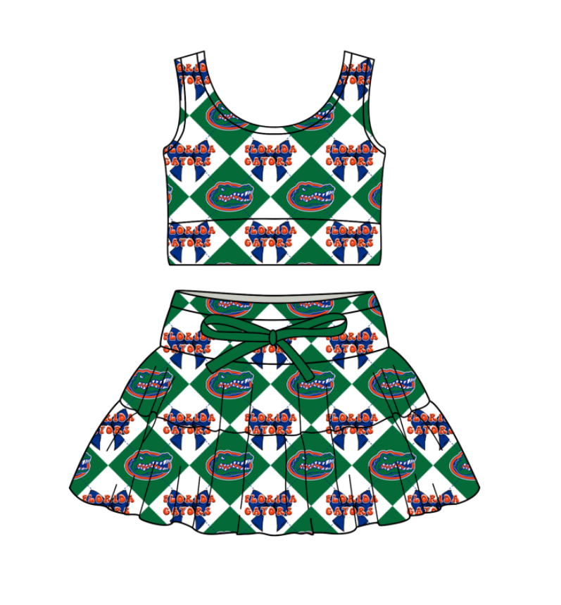 CUSTOM MOQ 5 Baby Girl Clothes Green Bow Plaid Top Skirts Yoga Active Team Clothes Sets
