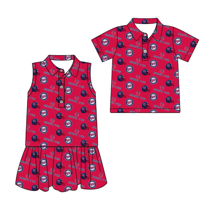 3.13 CUSTOM MOQ 5 Sibling Boys Baby Girls Summer Fashion Short Sleeve Dark Red Button Polo Shirts Sleeveless Dress Team Clothes Sets