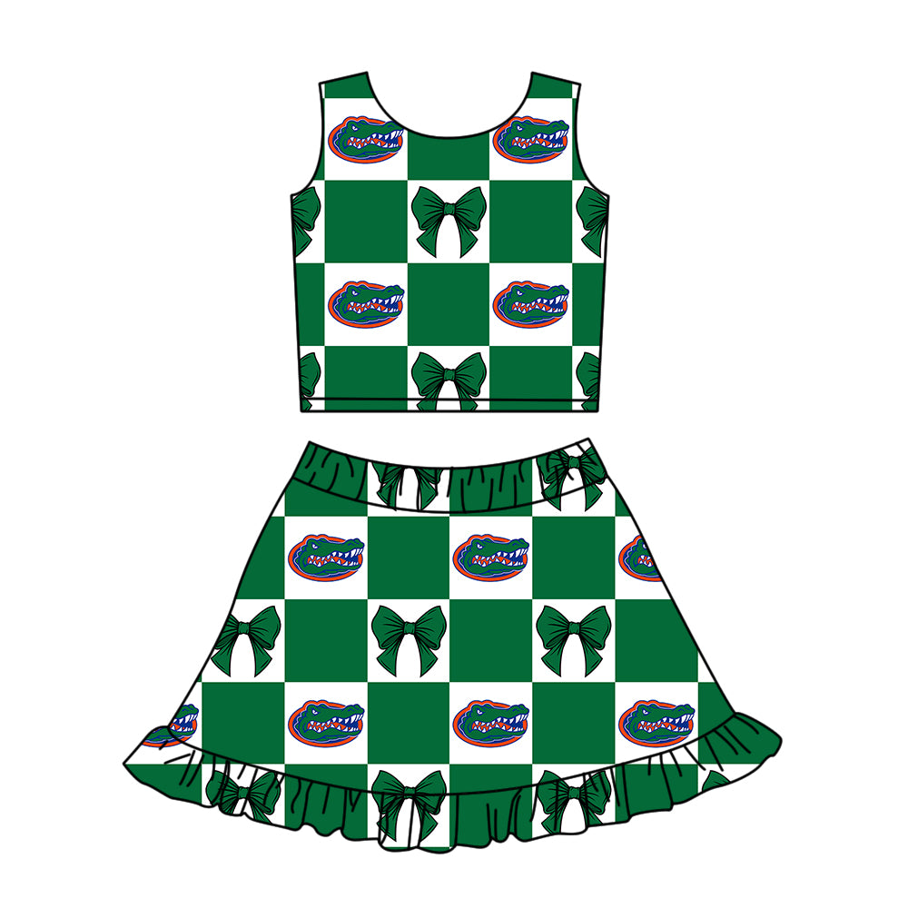 CUSTOM MOQ 5 Kids Clothing for Girls Baby Girls Green Bow Plaid Top Skirts Yoga Active Team Clothes Sets