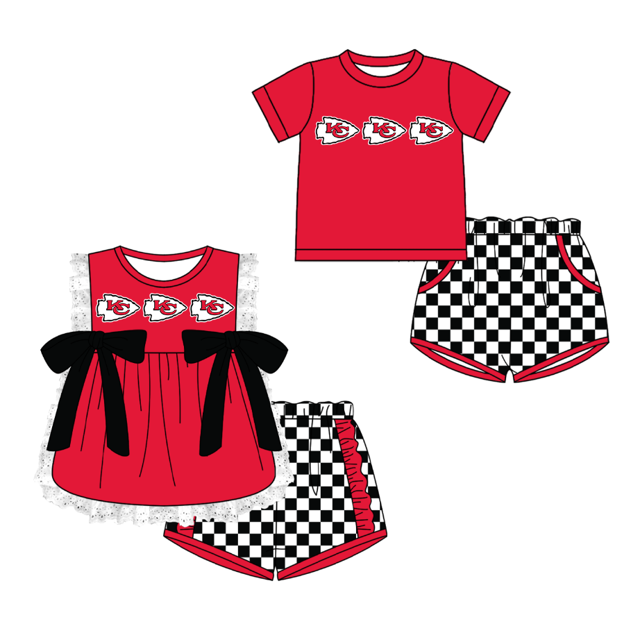 CUSTOM MOQ 5 Cute Kids Clothing Sibling Boys Baby Girls Summer Red Top Black Checked Shorts Team Clothes Sets