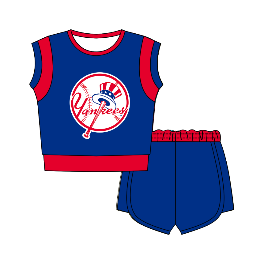 CUSTOM MOQ 5 Cute Comfortable Clothing For Kids Baby Kids Summer Blue Red Sleeveless Patchwork Top Shorts Clothes Sets