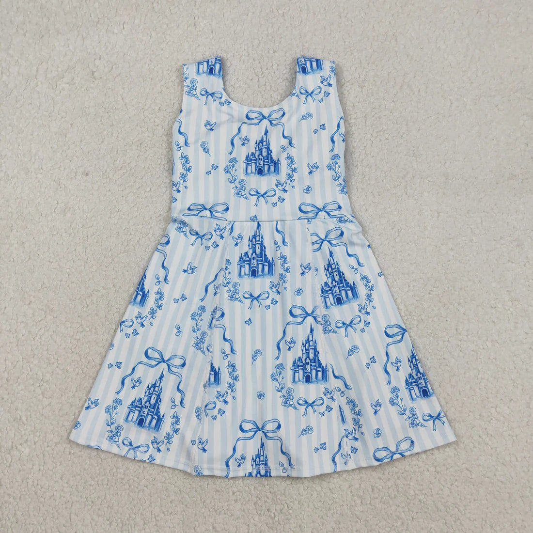 USA Warehouse (IN STOCK) GSD3068 Baby Girls Blue Bows Castles Checked Yoga Active Shorts Knee Length Dresses