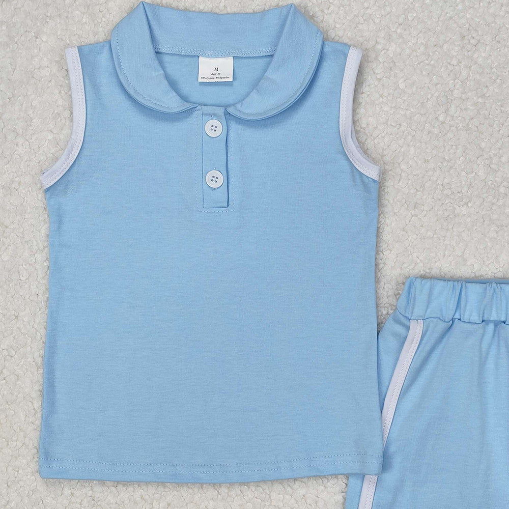 GSD1974Kids Girls Light Blue Cotton Sleeveless Polo Shirt Skirt Set - Breathable Comfortable Children's Clothing Outfit