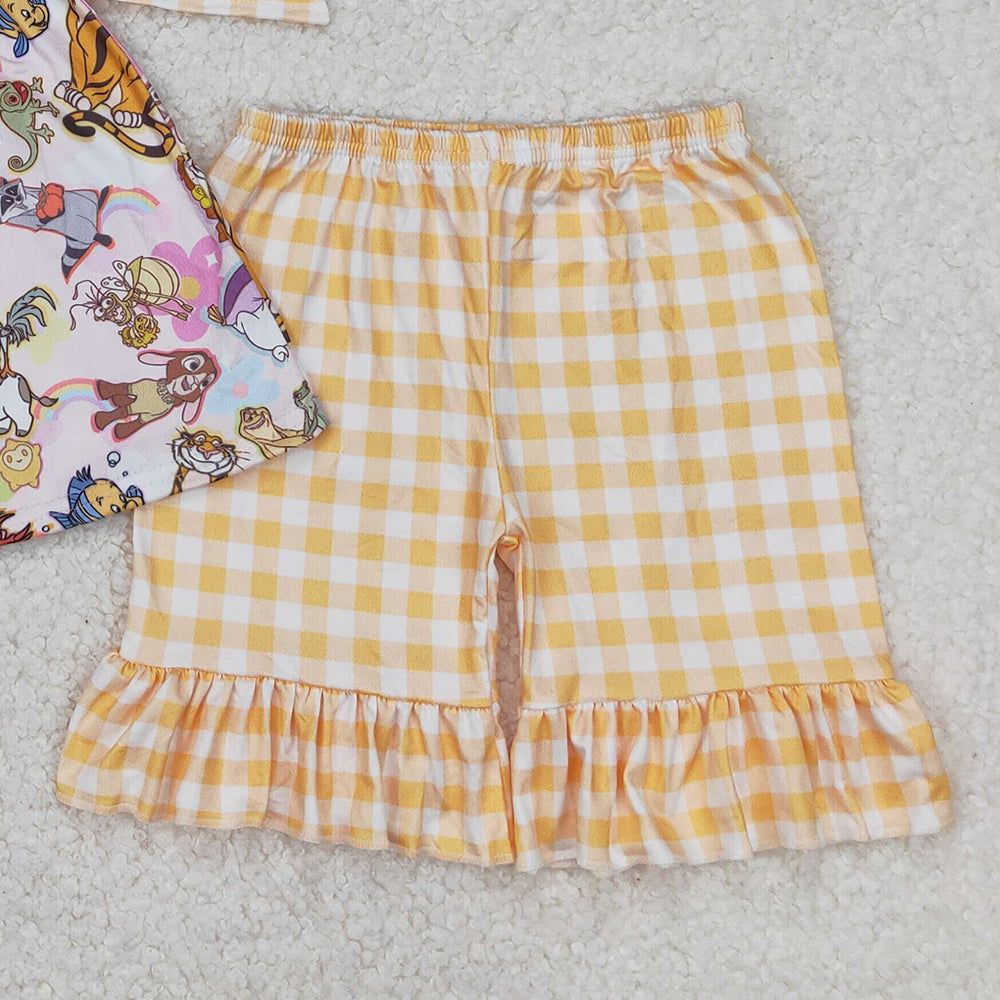 4.25 GSSO2197 RTS NO MOQ Sleeveless fish tiger tunic yellow plaid shorts girls clothing