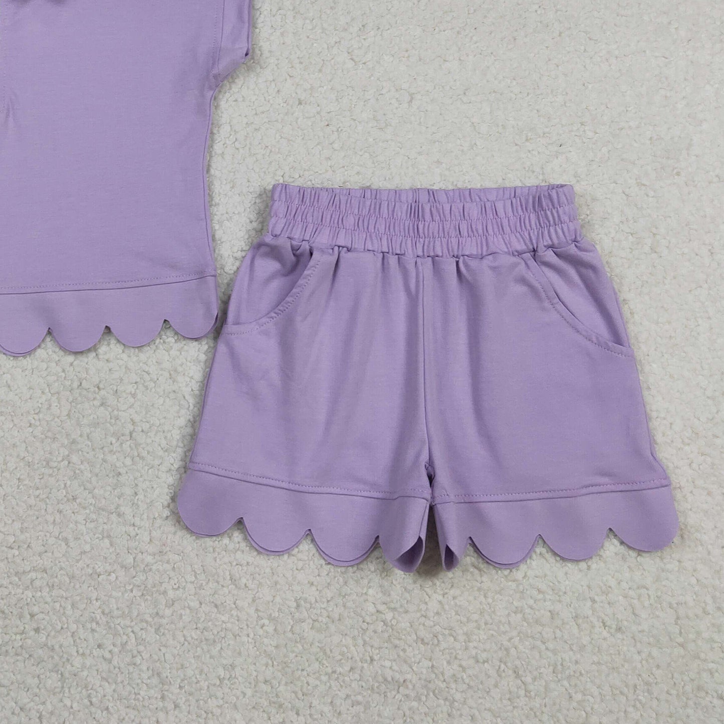 GSSO3377 RTS NO MOQ (In stock)Baby Girls Summer Fashion Short Sleeve Lavender Zipper Scallop Pullover Top Pockets Short Checked Set