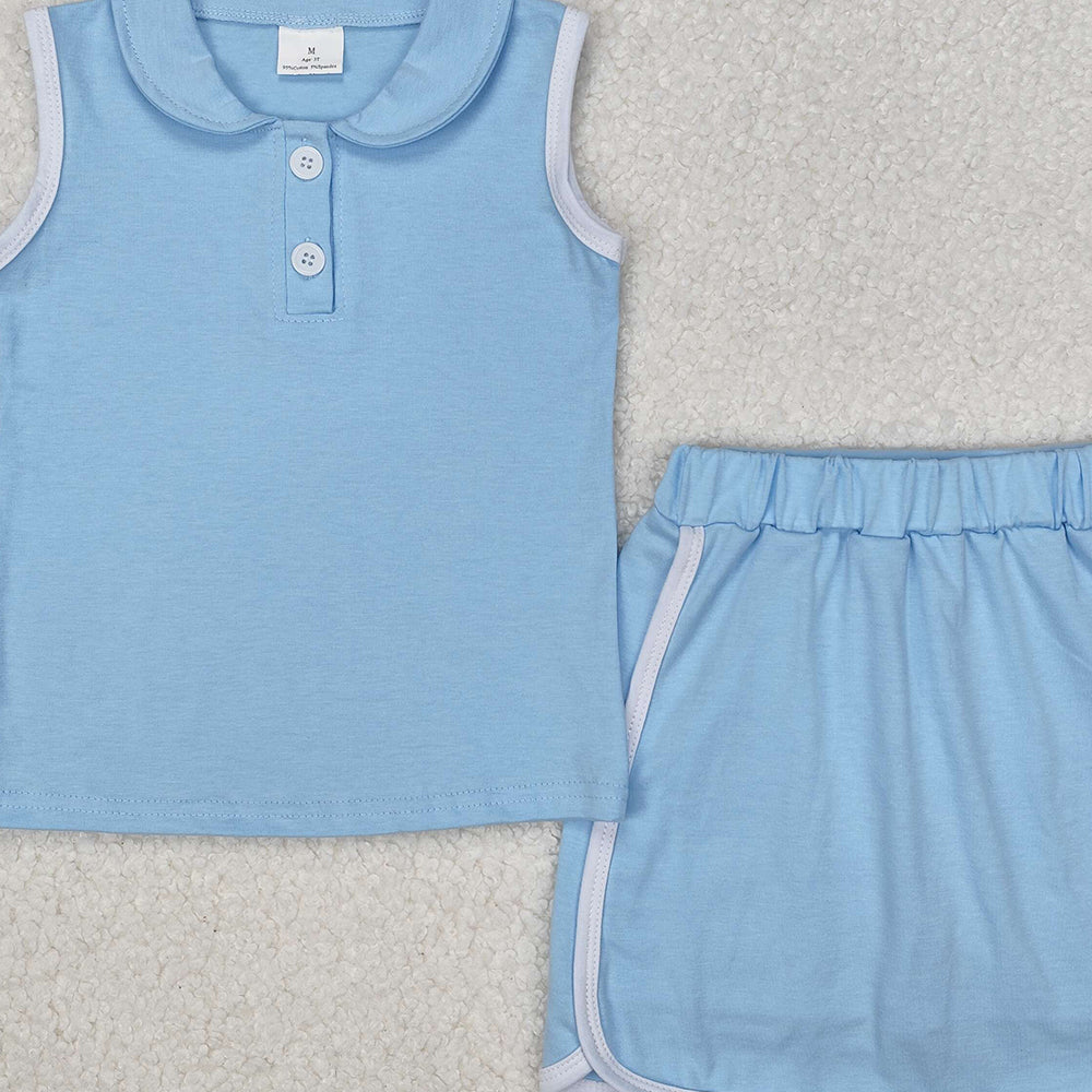 GSD1974Kids Girls Light Blue Cotton Sleeveless Polo Shirt Skirt Set - Breathable Comfortable Children's Clothing Outfit