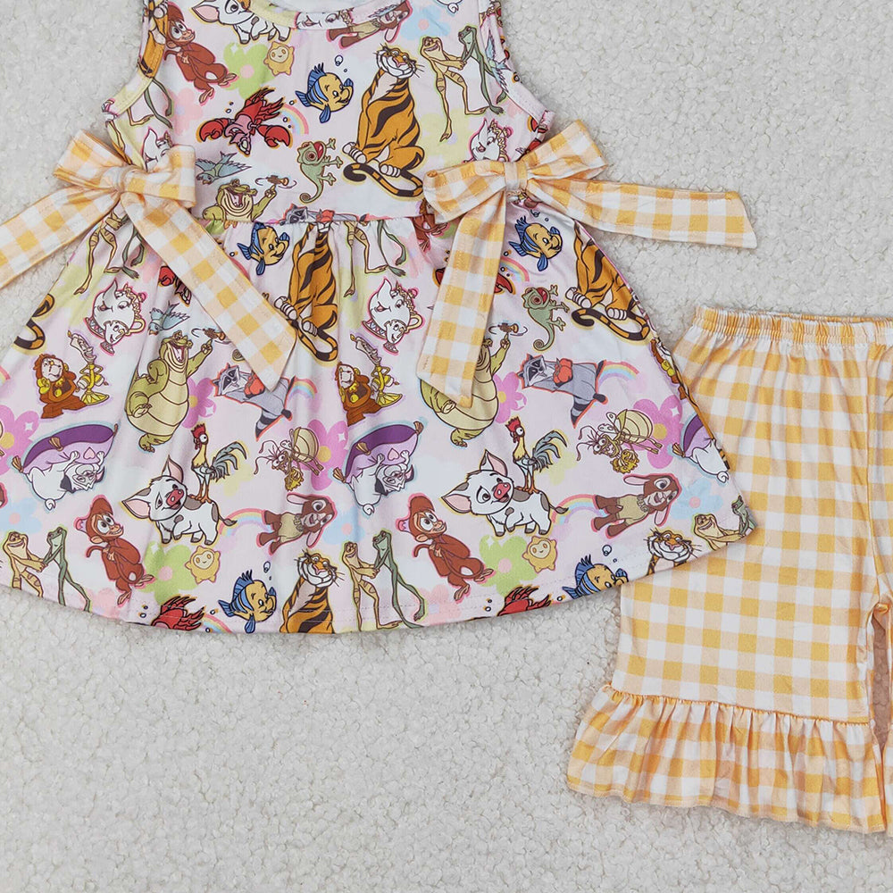 4.25 GSSO2197 RTS NO MOQ Sleeveless fish tiger tunic yellow plaid shorts girls clothing