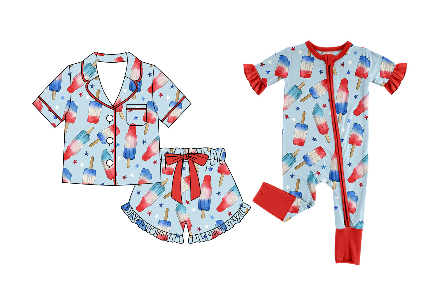 CUSTOM MOQ 5 Sibling Baby Girls Red Ice Cream Tunic Ruffle Shorts Rompers Pajamas Clothes Set