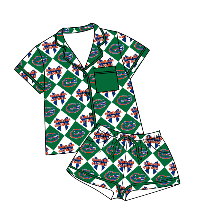 CUSTOM MOQ 5 Baby Girl Clothes Green Bow Plaid Top Bottom Shorts Pajamas Team Clothes Sets