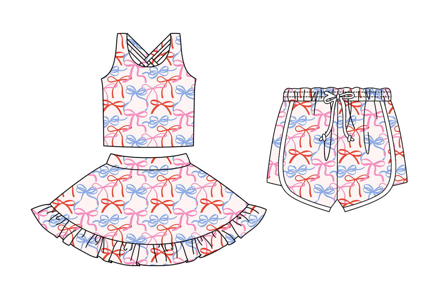 CUSTOM MOQ 5 Sibling Baby Girls Sleeveless Bows Skirt Bottom Shorts Yoga Active Clothes Sets