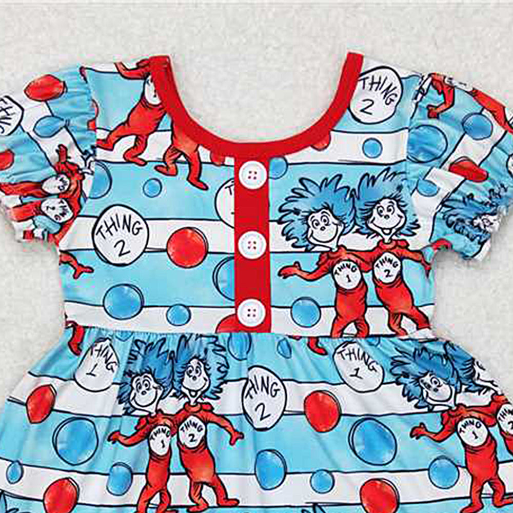 GSD0557Blue Stripe Cat Hat Ruffle Girls Dress Short Sleeves Cute Animal Print Feminine Fashionable Skirt for Little Girls