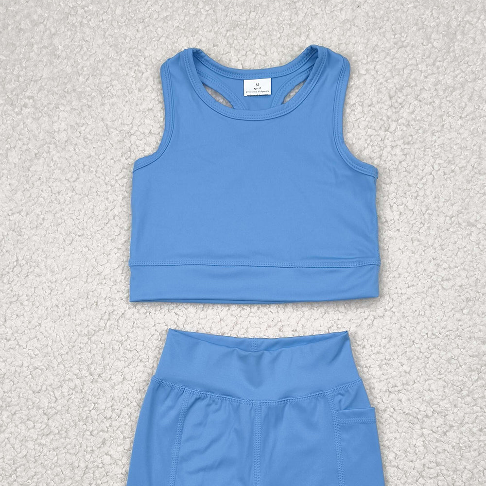 7.14 GSSO1515 RTS NO MOQ Baby Girls Yoga Outfits Baby Girls Blue Athletic Active Wear Top Shorts Clothes Sets